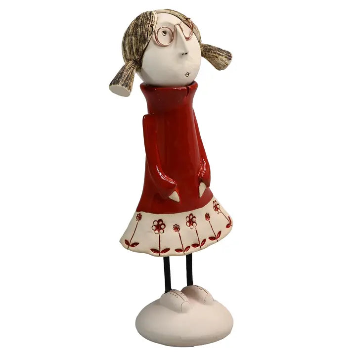 Pig Tails & Glasses Ceramic Figurine in Red - 27cm