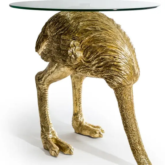 Large Gold "Head-Buried" Ostrich Side Table w/ Glass Top - 68.5cm