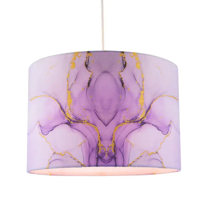 Designer Drum Lamp Shade in Marble Effect Cotton Fabric in Soft Lilac and Purple - 12"