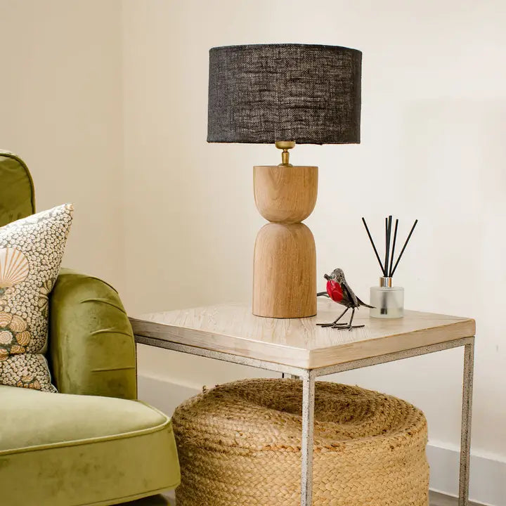 Mells, Tall Light Sandblasted Wooden Large Table Lamp with Black Shade - 54cm