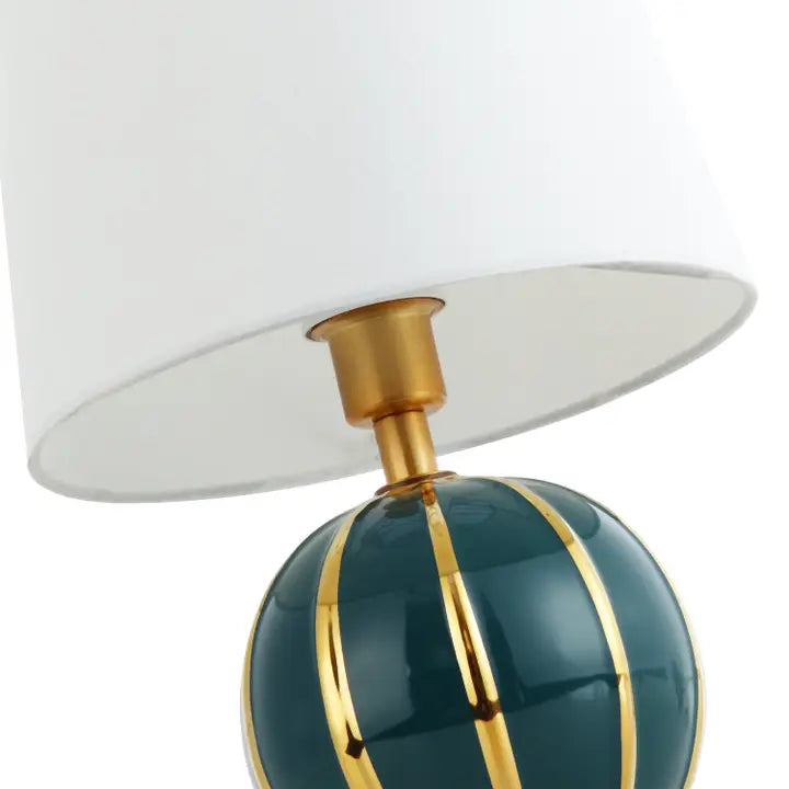 Classic Dark Teal Gloss Ceramic Spherical Table Lamp with Polished Gold Stripes - 24cm