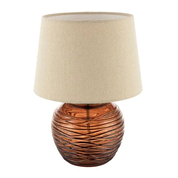 Amber Glass Table Lamp with Oatmeal Beige Linen Fabric Shade - 31cm
