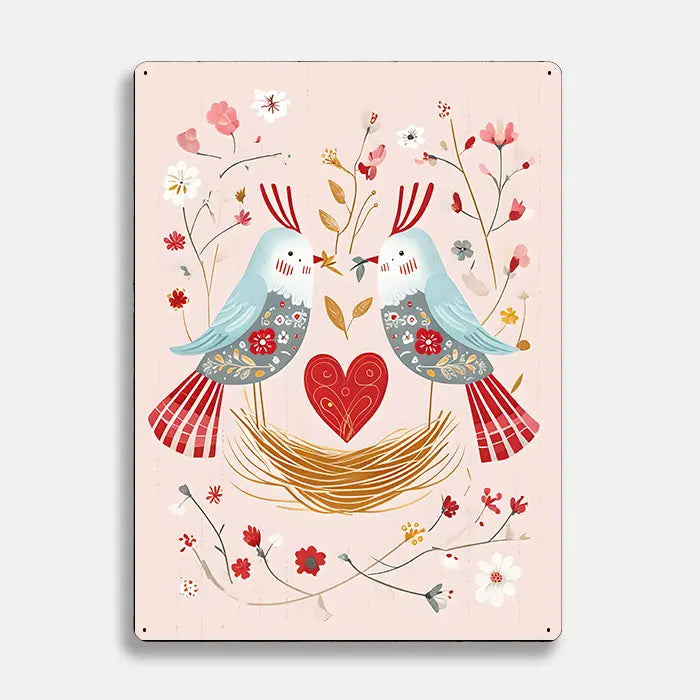 Heart Nest Bird Floral Scandinavian Folk Metal Sign Plaque