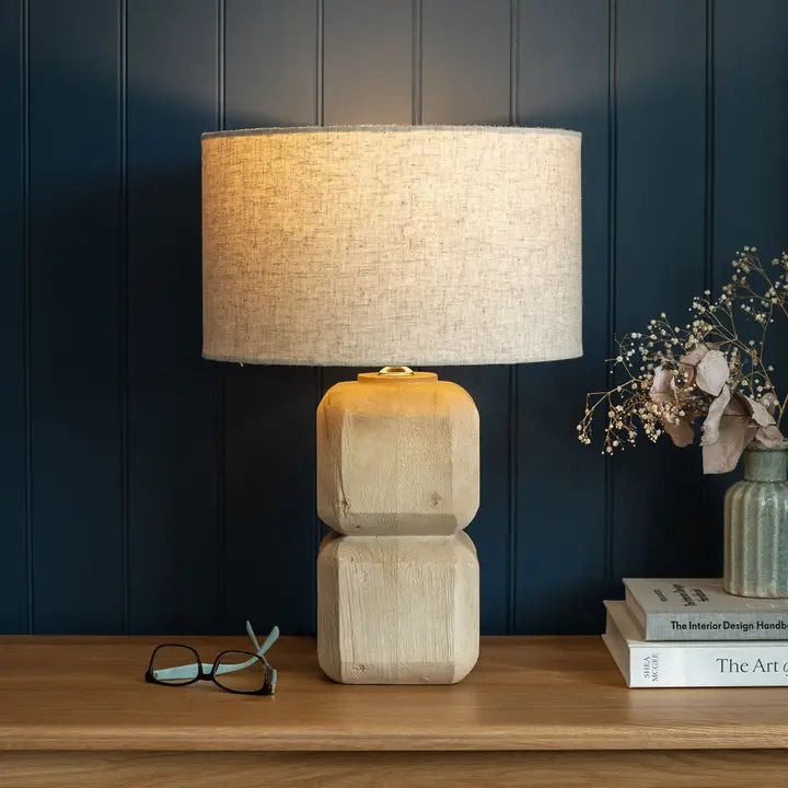 Pensford, Medium Carved Wooden Table Lamp with Beige Shade - 51cm