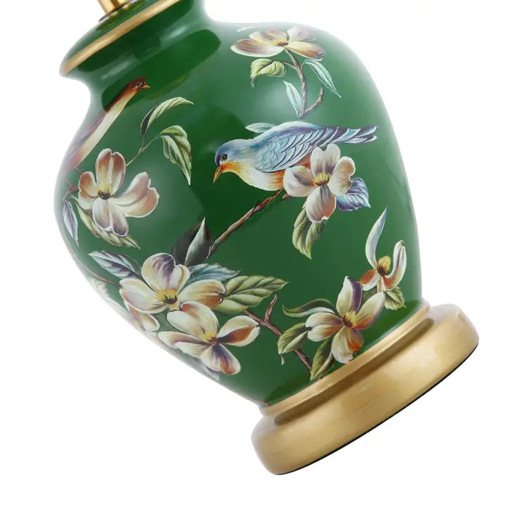 Deep Forest Green Ceramic Gloss Table Lamp Base with Birds and Floral Decoration - 35cm