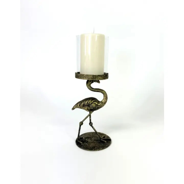 Antiqued Flamingo Candle Holder with Glass Cover