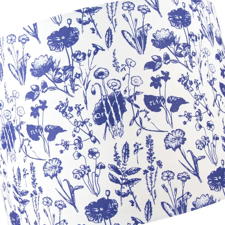 White Cotton 12" Drum Lamp Shade with Blue Floral Decoration