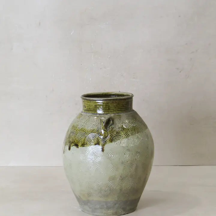 Vintage Glazed Yunnan Pot Green Swirls - 24cm
