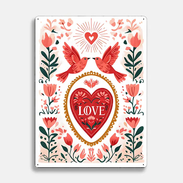 Love Heart Birds Floral Scandinavian Folk Metal Sign Plaque