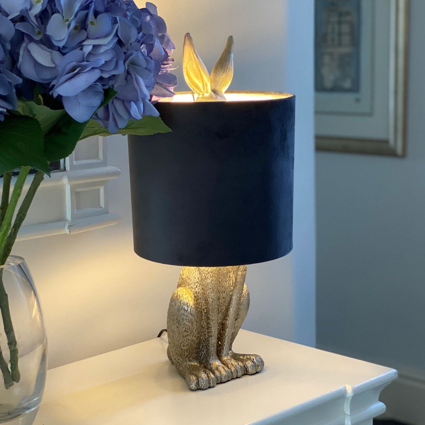 Silver Hare Table Lamp With Grey Velvet Shade - 50cm