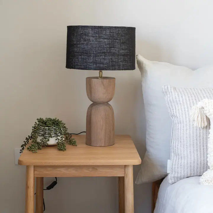 Mells, Tall Light Sandblasted Wooden Large Table Lamp with Black Shade - 54cm