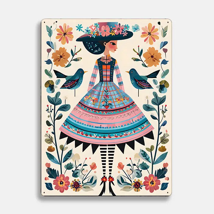 Colourful Female Flowers Scandinavian Folk Metal Sign Plaque