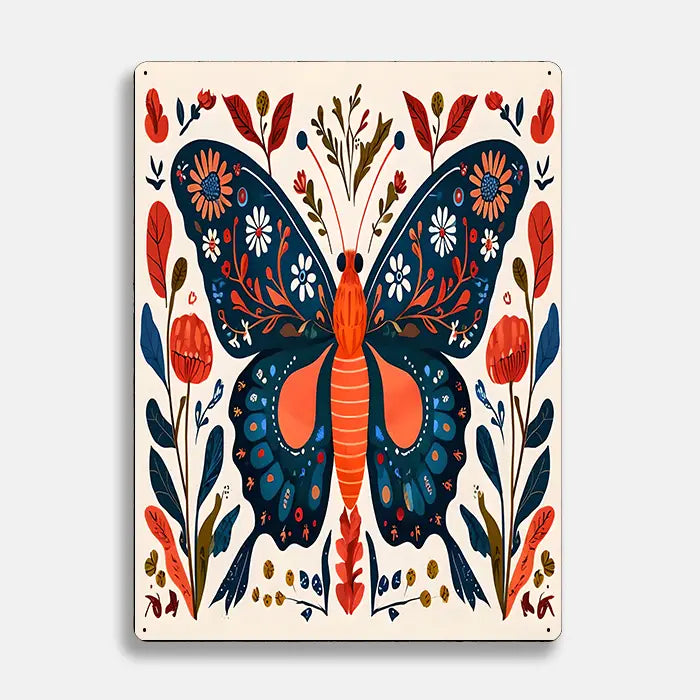 Butterfly Flowers Scandinavian Folk Metal Sign Plaque