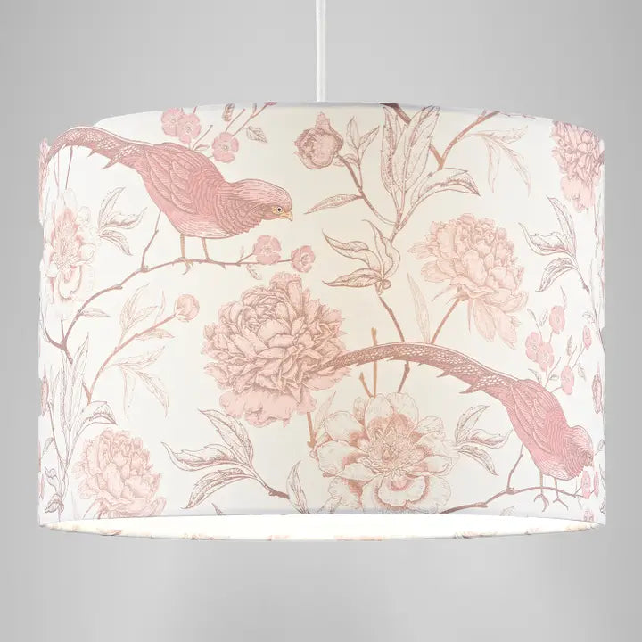 Traditional Cotton Lamp Shade with Pink Long Tailed Birds - 12"