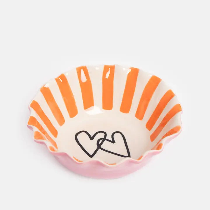 Coral Inside Stripe/Layered Hearts Frilly Bowl by Caroline Gardner - Set of 4