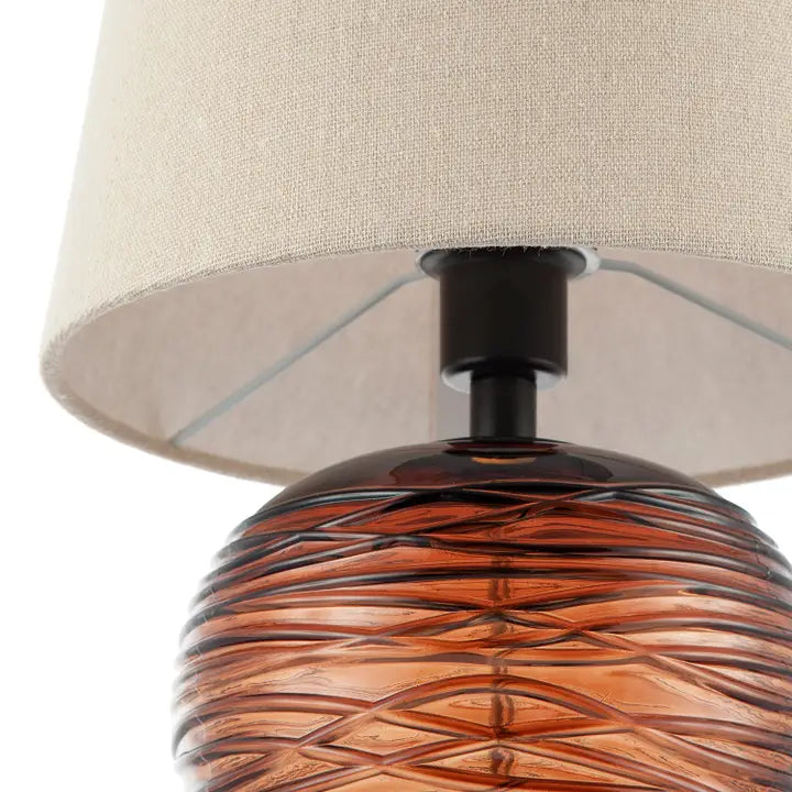 Amber Glass Table Lamp with Oatmeal Beige Linen Fabric Shade - 31cm