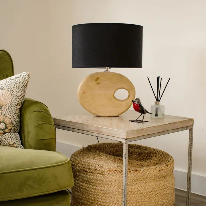 Badminton, Light Sandblasted Wooden Table Lamp with Black Cotton Shade - 44cm
