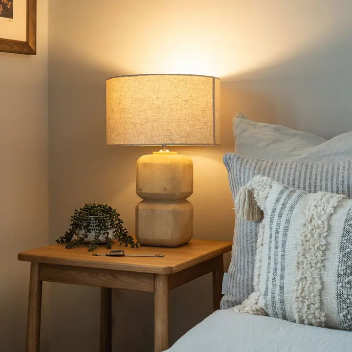 Pensford, Medium Carved Wooden Table Lamp with Beige Shade - 51cm