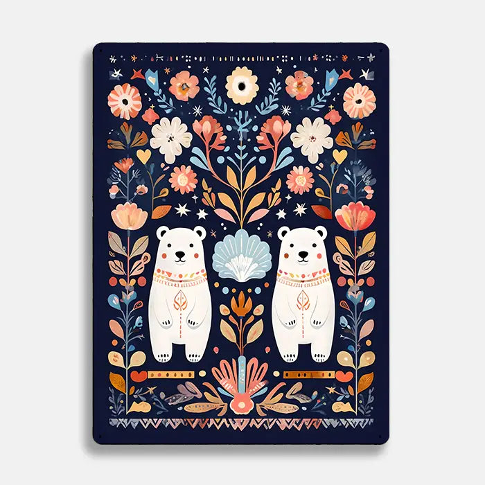 Flowers 2 Polar Bears Scandinavian Folk Metal Sign Plaque