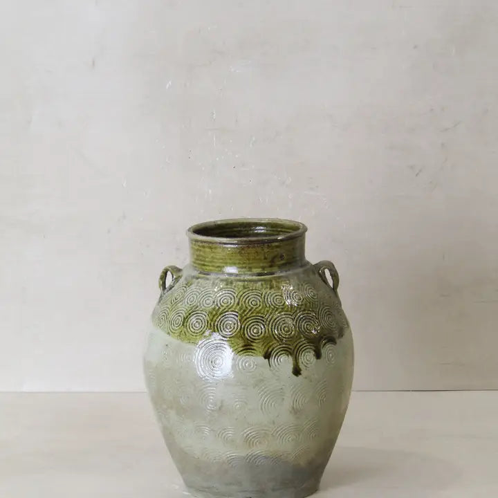Vintage Glazed Yunnan Pot Green Swirls - 24cm