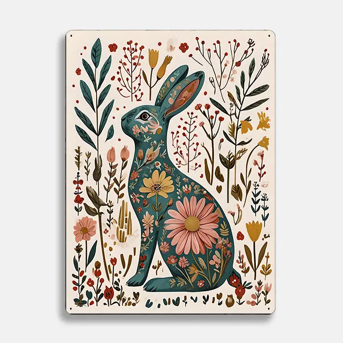 Hare Rabbit Floral Scandinavian Folk Metal Sign Plaque