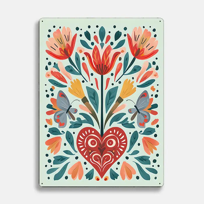 Heart Flowers Butterfly Scandinavian Folk Metal Sign Plaque