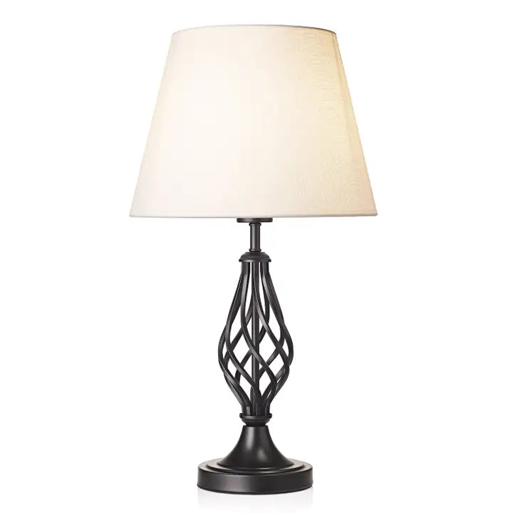 Matte Black Table Lamp with Barley Twist Base and White Linen Shade - 52cm