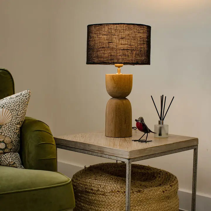 Mells, Tall Light Sandblasted Wooden Large Table Lamp with Black Shade - 54cm