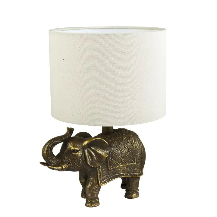 Antique Gold Vintage Elephant Resin Lamp with Off-White Oatmeal Linen Shade - 38cm