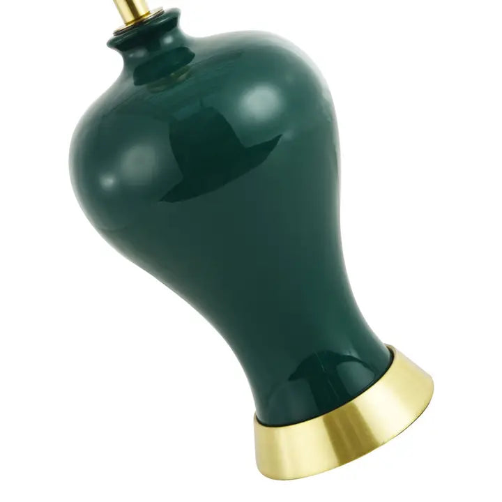 Traditional Ceramic Table Lamp Base in Glossy Forest Green with Satin Brass Trim - 34cm
