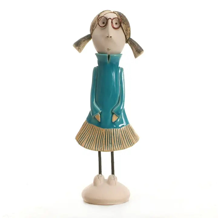 Pig Tails & Glasses Ceramic Figurine in Turquoise - 27cm