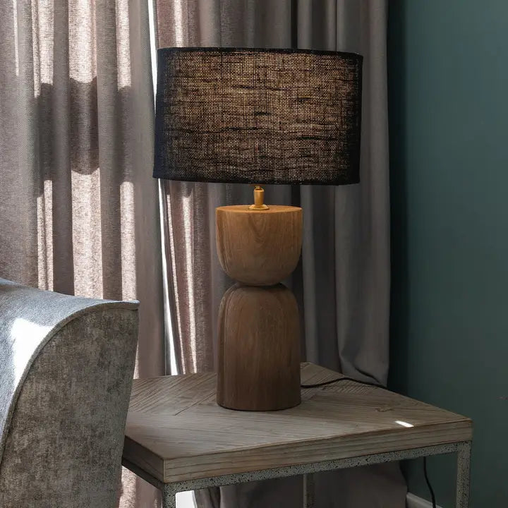Mells, Tall Light Sandblasted Wooden Large Table Lamp with Black Shade - 54cm