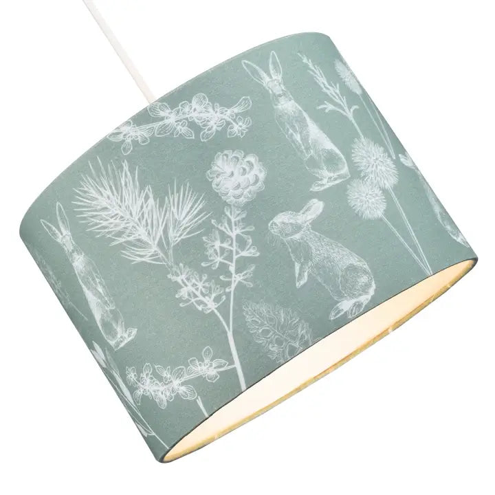 Woodland Theme Sage Olive Green Cotton Shade with Floral Hares - 10"