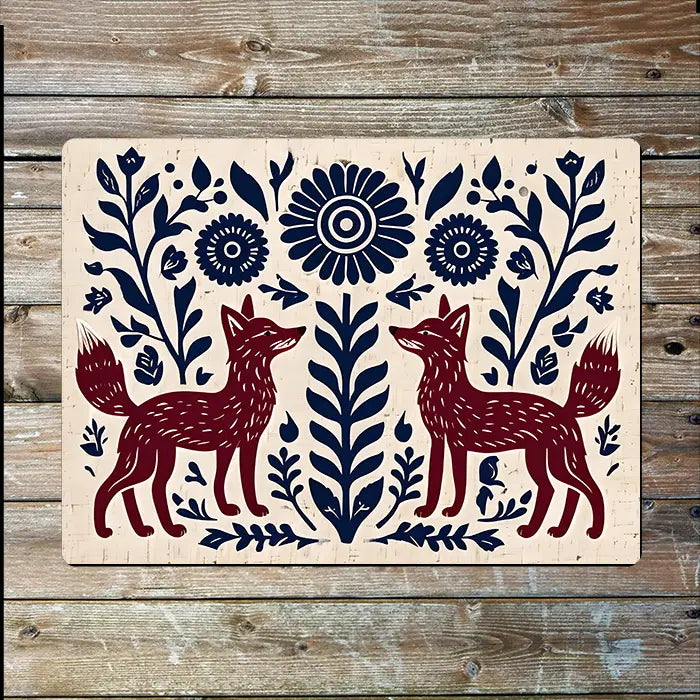Red Foxes Floral Pattern Scandinavian Folk Metal Sign Plaque