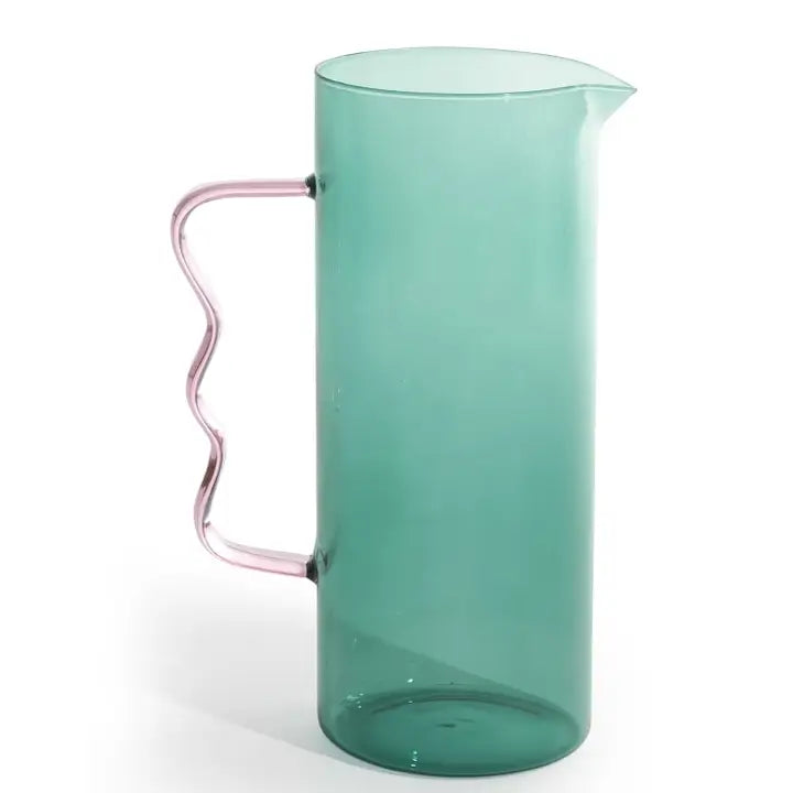 Large Green Glass Jug with Wave Pink Handle - 29cm