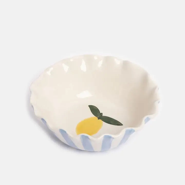 Blue Outside Stripe/Lemon Motif Frilly Bowl by Caroline Gardner - Set of 4