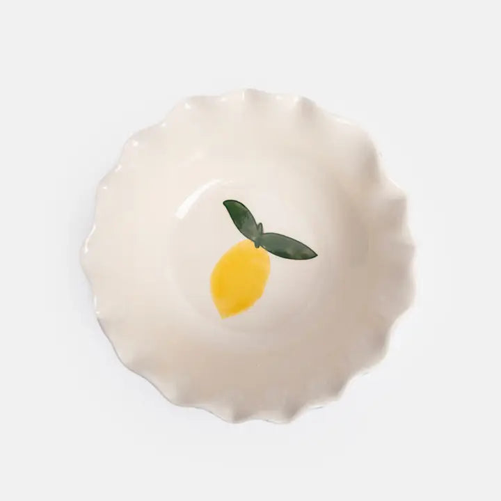 Blue Outside Stripe/Lemon Motif Frilly Bowl by Caroline Gardner - Set of 4