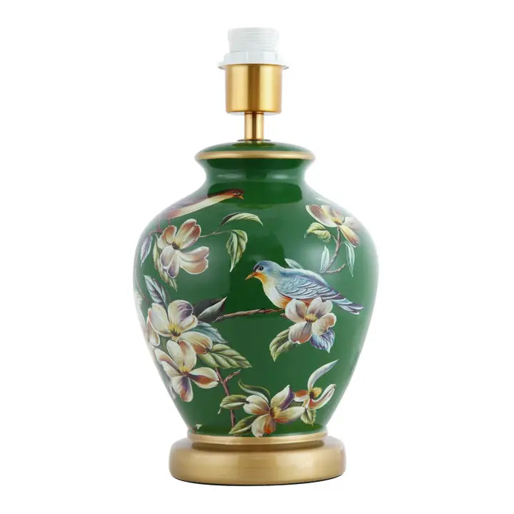 Deep Forest Green Ceramic Gloss Table Lamp Base with Birds and Floral Decoration - 35cm