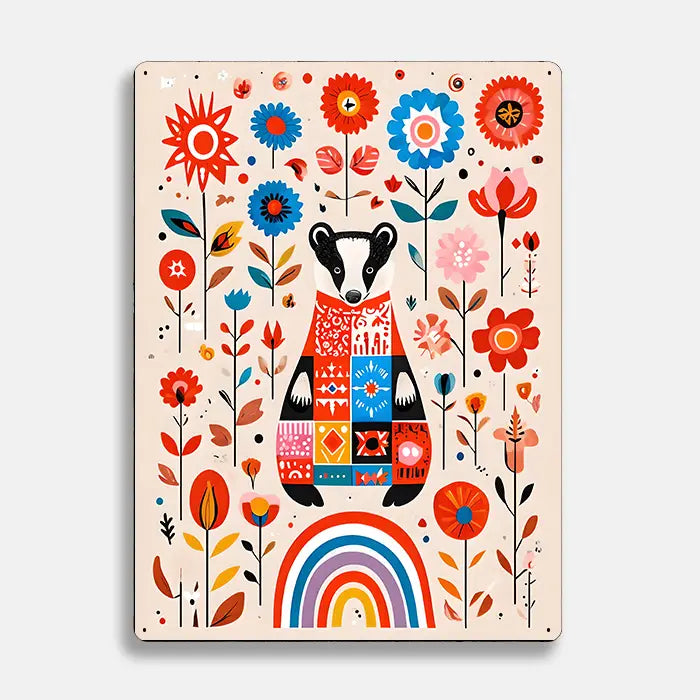 Rainbow Badger Flowers Scandinavian Folk Metal Sign Plaque