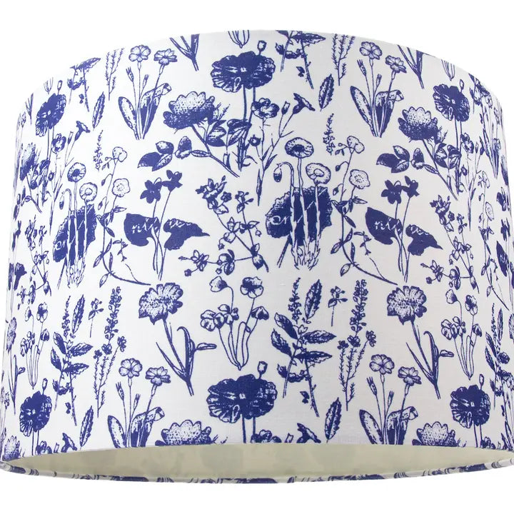 White Cotton 12" Drum Lamp Shade with Blue Floral Decoration