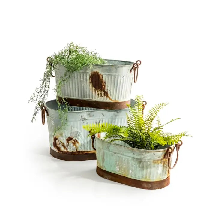 Set of 3 Oxidised-Metal Effect Rustic Planters
