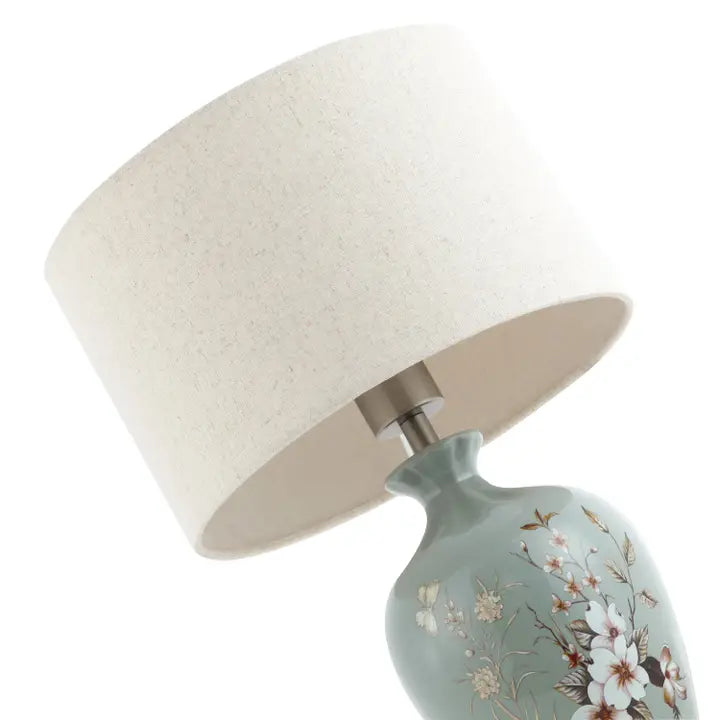 Ceramic Lamp Base in Dusty Duck Egg with Foliage and Floral Decor - 36cm