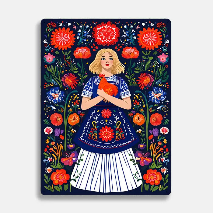 Women Hen Chicken Floral Scandinavian Folk Metal Sign Plaque