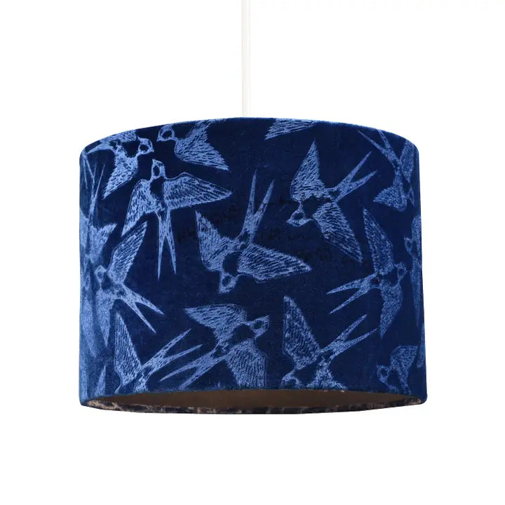 Bird Decorated Soft Velvet Fabric Lamp Shade with - 10" - Blue