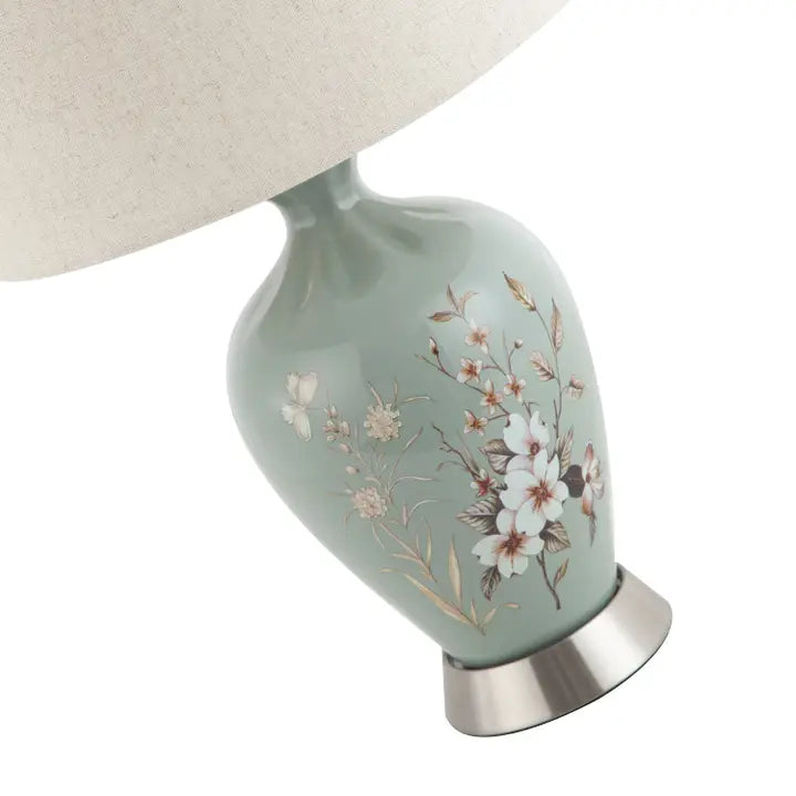 Ceramic Lamp Base in Dusty Duck Egg with Foliage and Floral Decor - 36cm