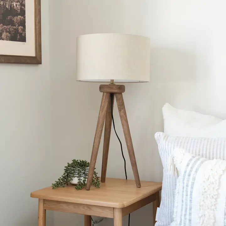 Pill Table Lamp, Hand-Carved Mango Wooden Tri-Pod Base - 73cm