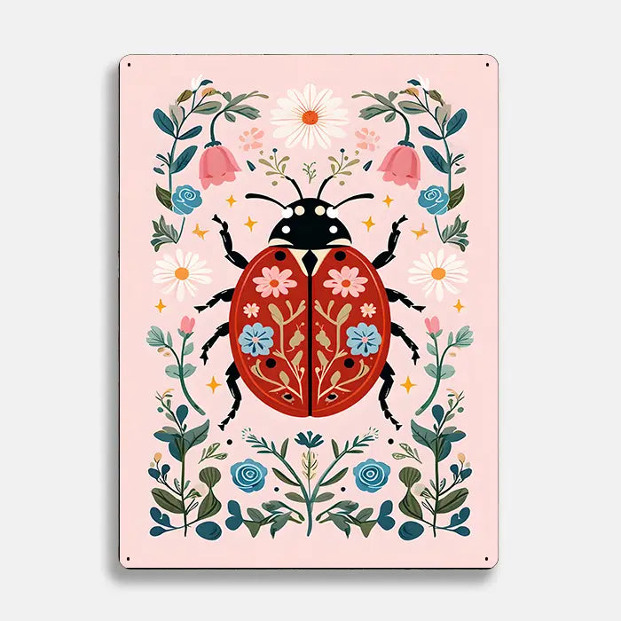 Red Ladybird Flowers Scandinavian Folk Metal Sign Plaque