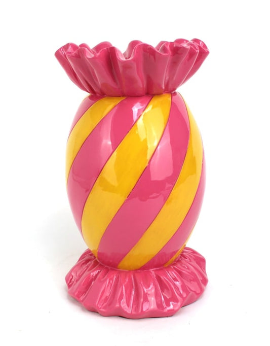 Large Yellow/Pink Striped Candy Ceramic Vase - 31cm