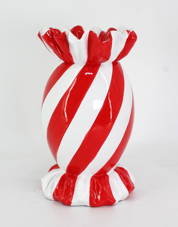 Large Red/White Striped Candy Ceramic Vase - 31cm