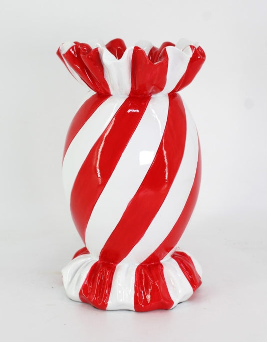 Large Red/White Striped Candy Ceramic Vase - 31cm